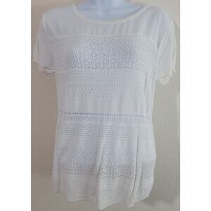 Under Skies Cream Loose Knit Top Large Lightweight Soft Delicate Short Sleeves